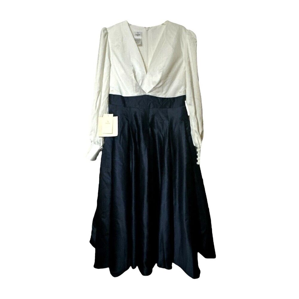 Lan Ting Dress Women 10 12 White Navy Colorblock Long Sleeve VNeck Minimalist